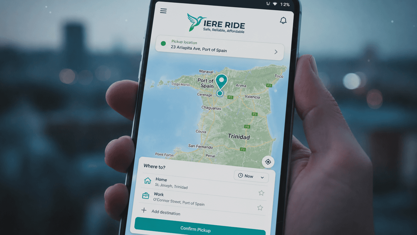 Hand holding a smartphone displaying the IERE RIDE app with a map of Trinidad.