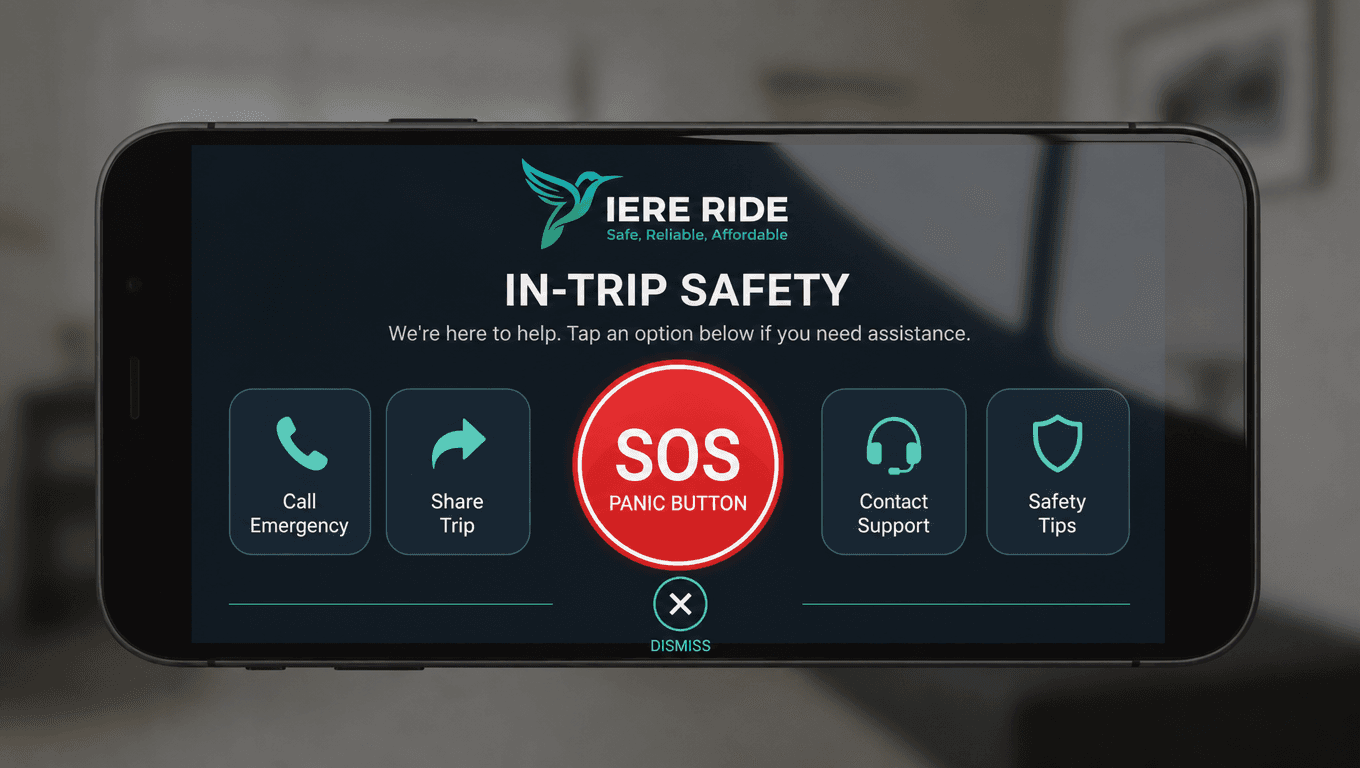 Smartphone displaying IERE RIDE in-trip safety screen featuring a large red SOS panic button.