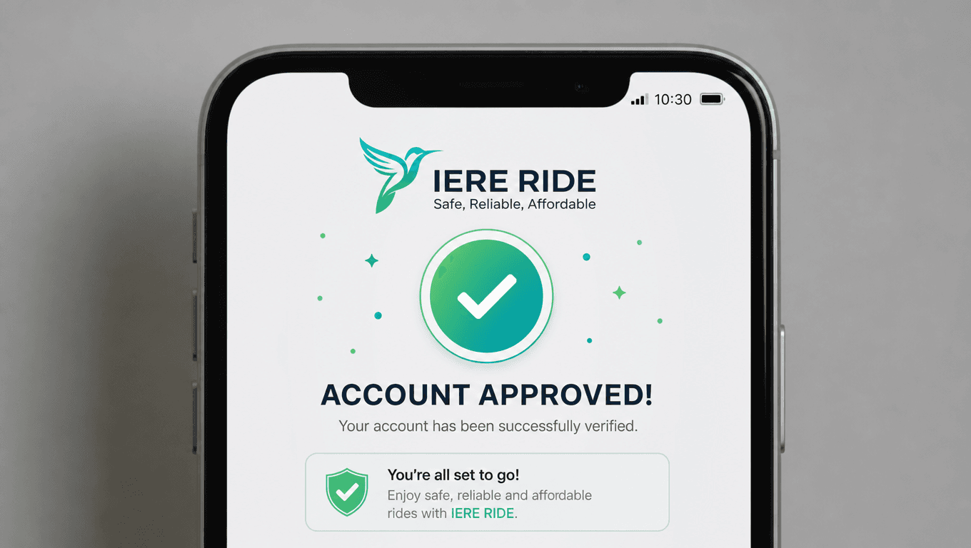 Smartphone screen displaying IERE RIDE app with a green checkmark and account approved message.