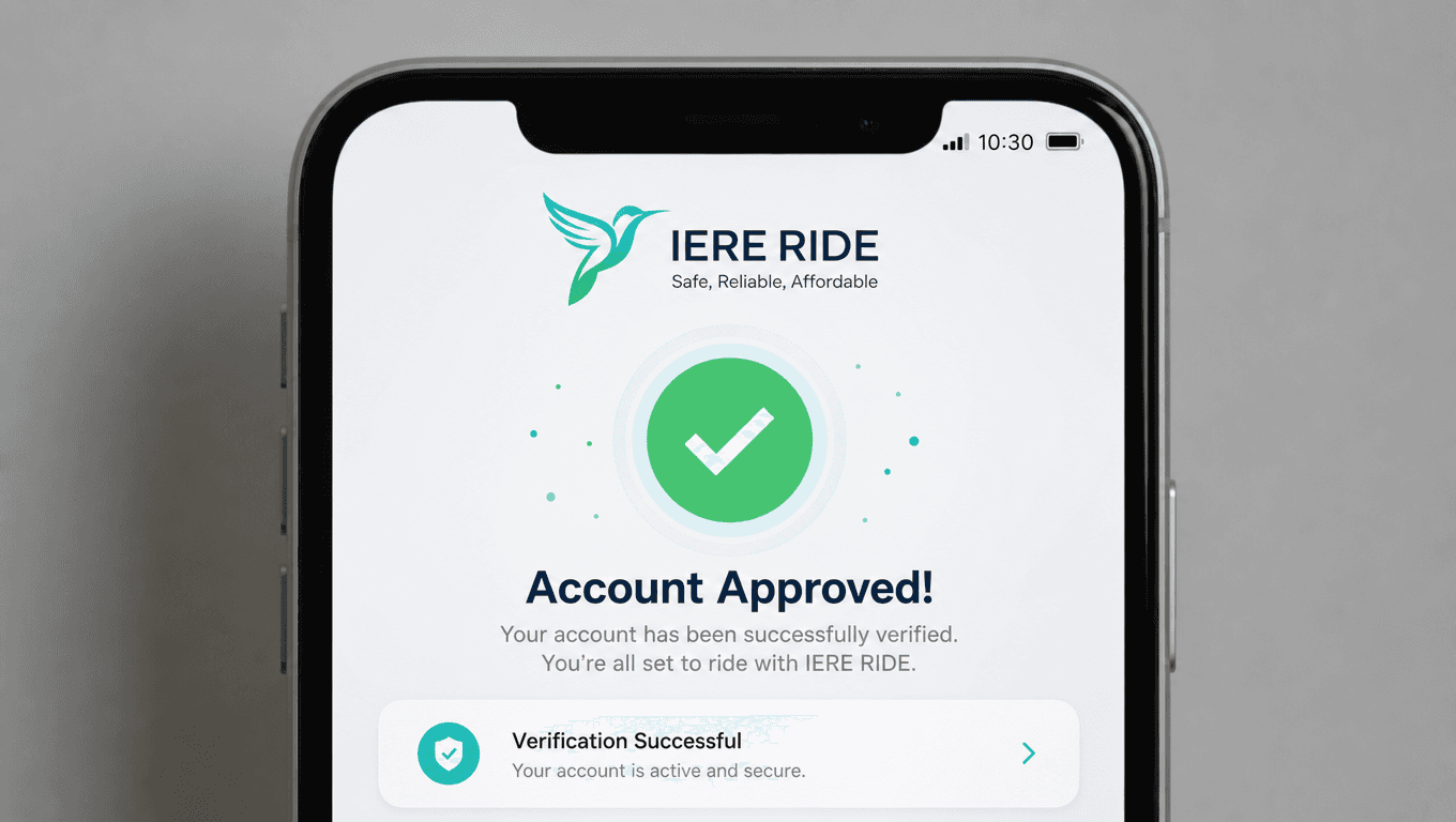 Smartphone screen showing a green checkmark and 'Account Approved' message for IERE RIDE.