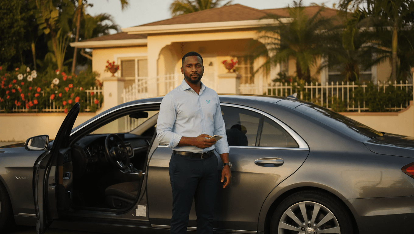 Professional man holding a phone stands by a grey car outside a suburban house.