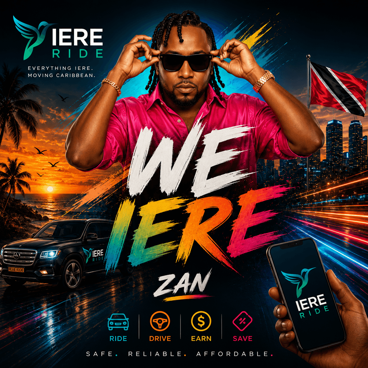 Vibrant IERE RIDE advertisement featuring Zan, a branded SUV, and a Caribbean sunset background.