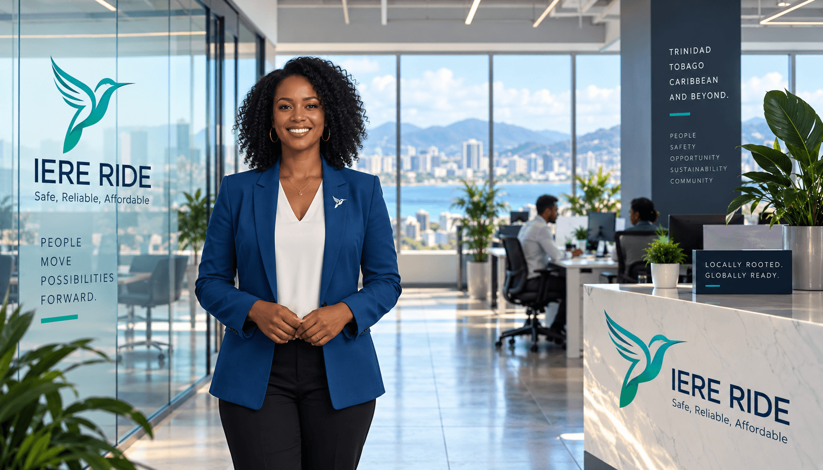 Smiling woman in blue blazer in modern office with IERE RIDE branding and city view.