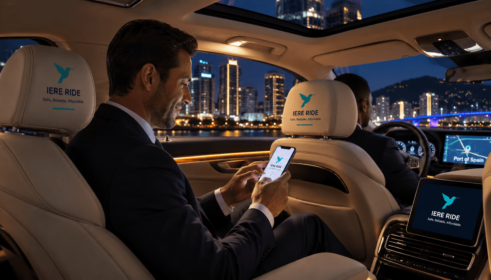 Homme d'affaires utilisant l'application IERE RIDE dans une voiture de luxe avec vue sur la ville de nuit.