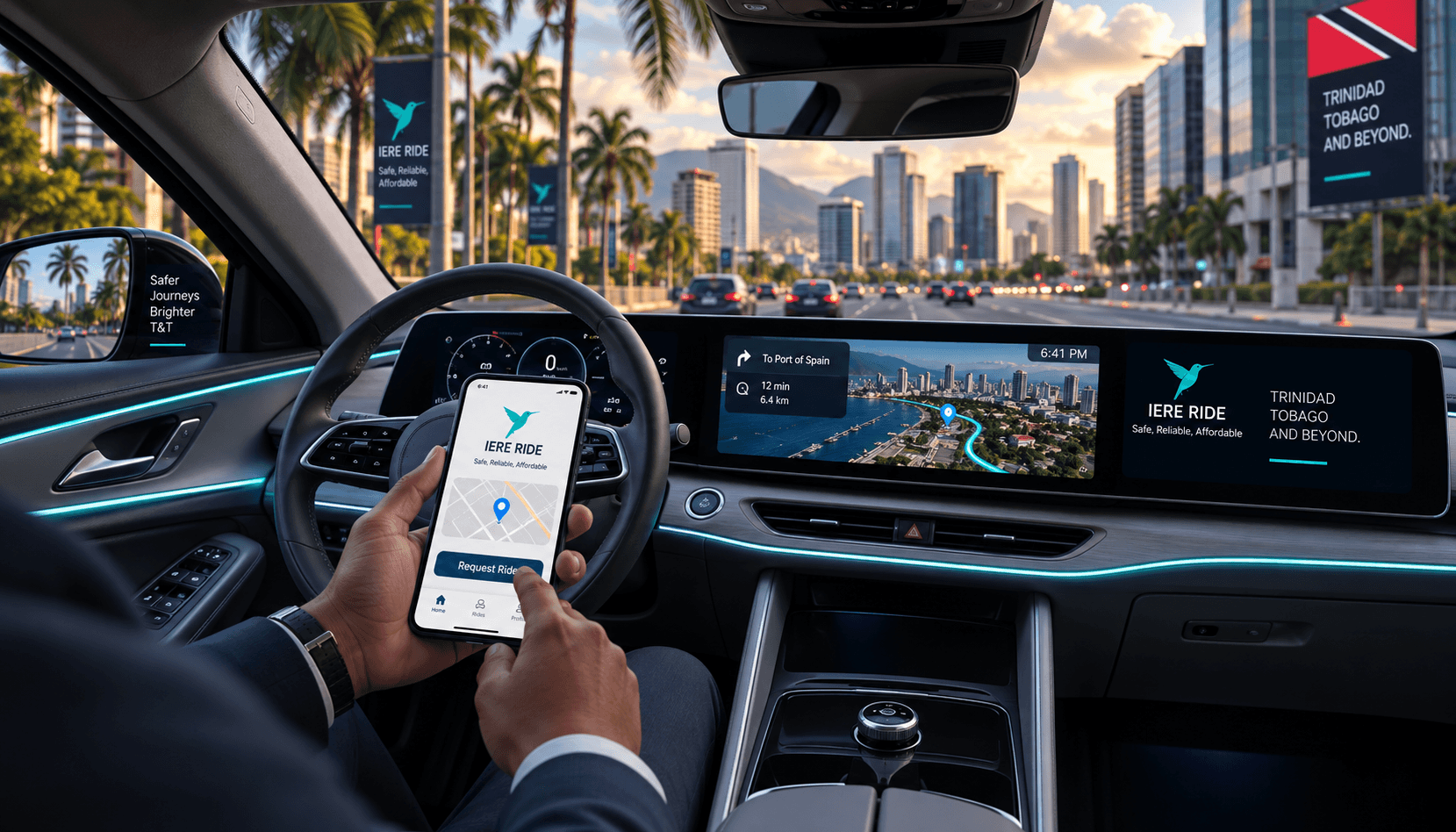 Personne utilisant l'application IERE RIDE à l'intérieur d'une voiture avec vue sur l'horizon de Port of Spain.
