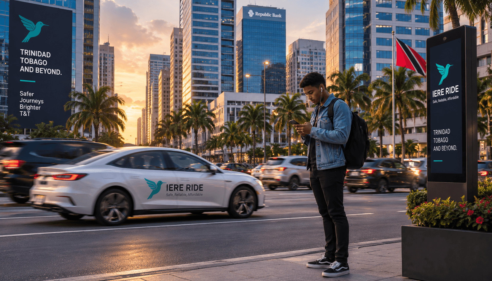 Homme utilisant un smartphone sur un trottoir en ville à côté d'une voiture IERE RIDE au coucher du soleil.