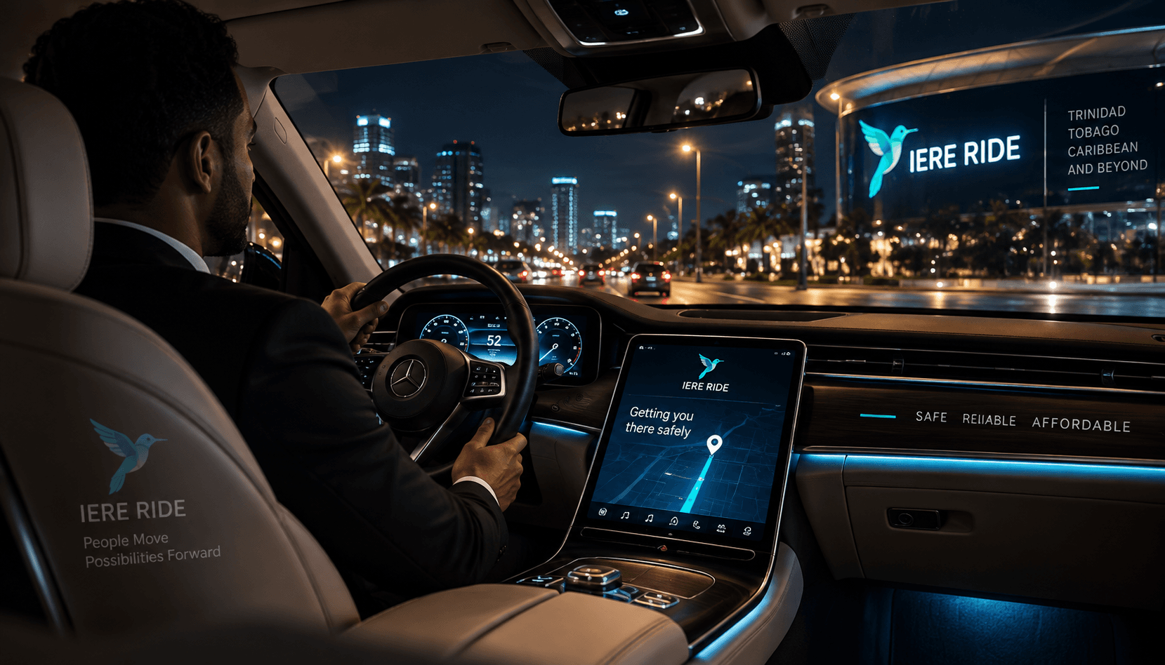 Man driving a luxury car at night with Iere Ride branding on the digital dashboard.