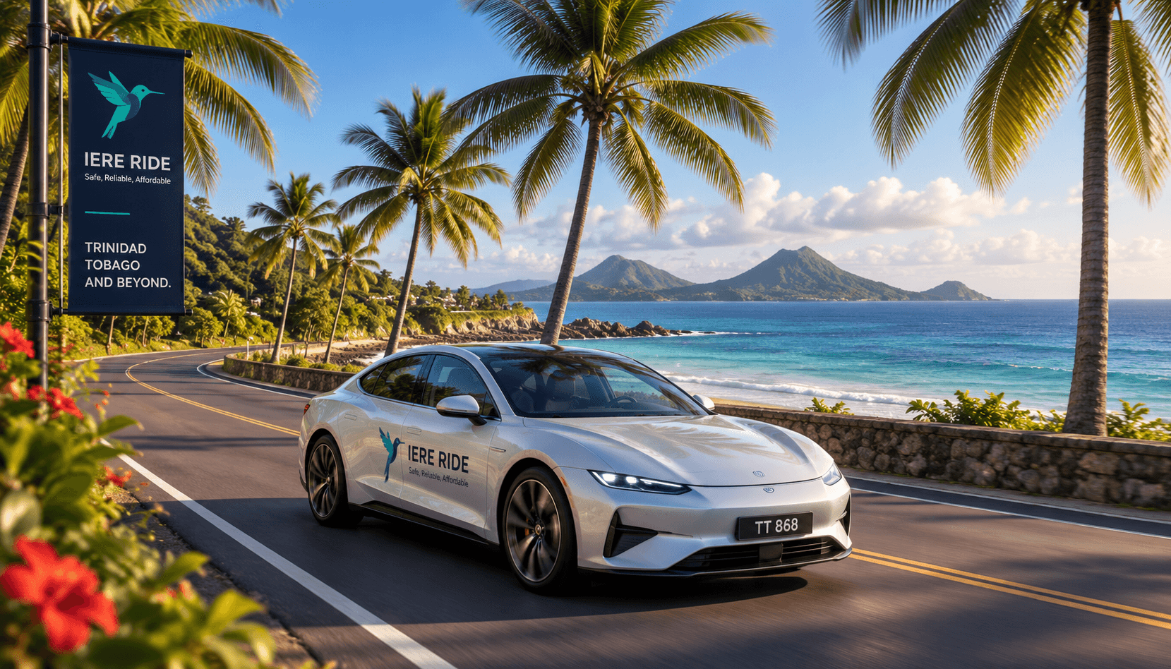 Voiture IERE RIDE argentée circulant sur une route côtière tropicale bordée de palmiers et de l'océan.