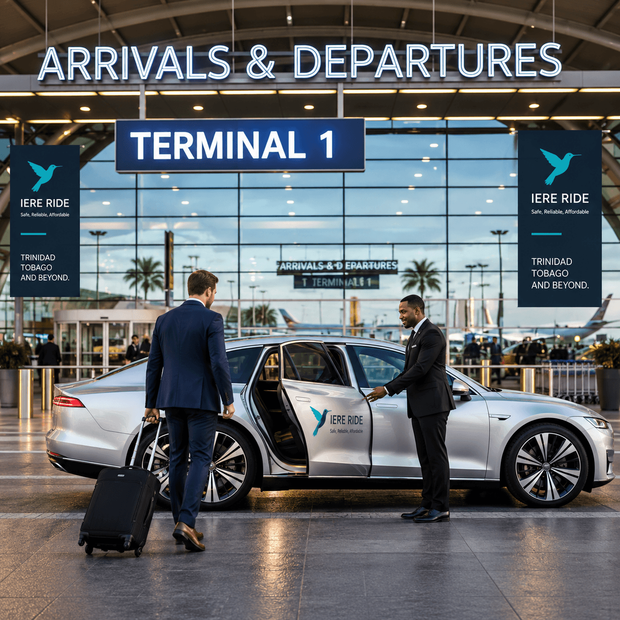 Chauffeur accueillant un homme d'affaires dans une voiture de luxe argentée à l'entrée d'un terminal d'aéroport.