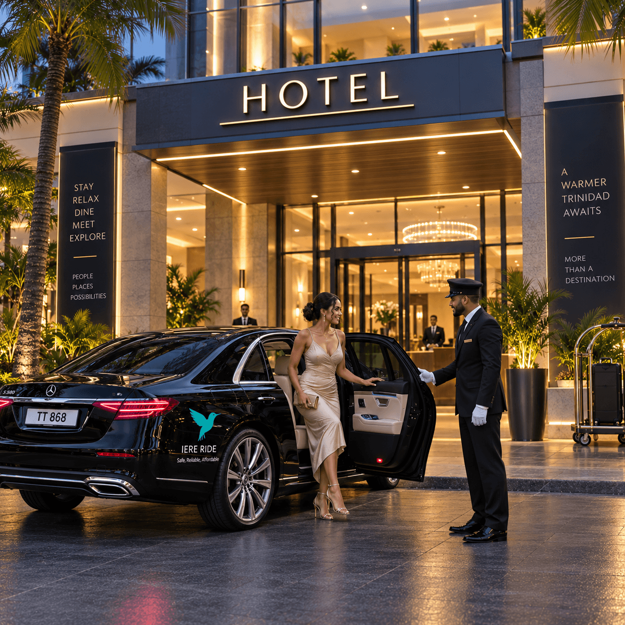 Chauffeur aidant une femme en robe dorée à sortir d'une voiture de luxe devant un hôtel.