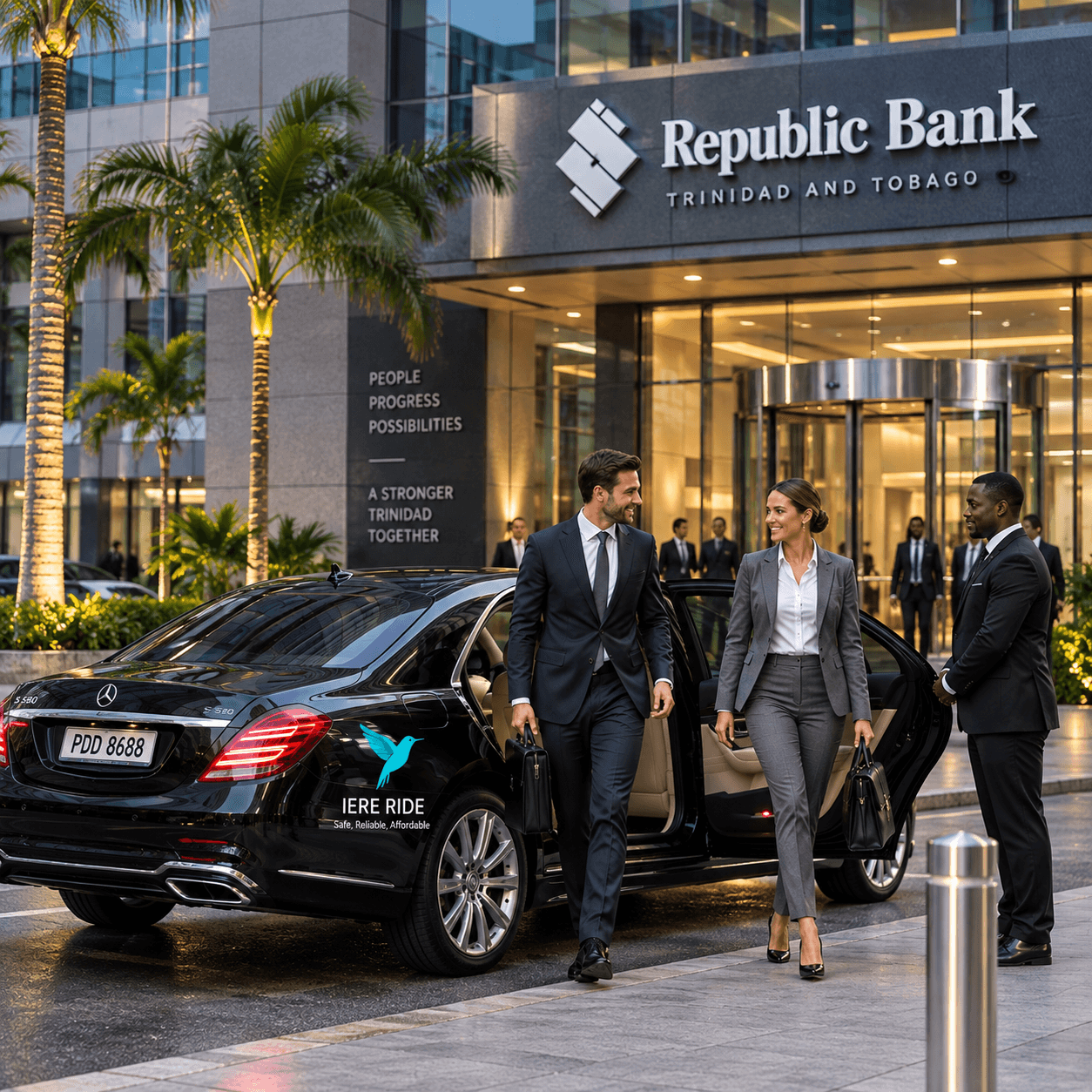 Professionnels sortant d'une voiture de luxe noire devant la Republic Bank à Trinidad.