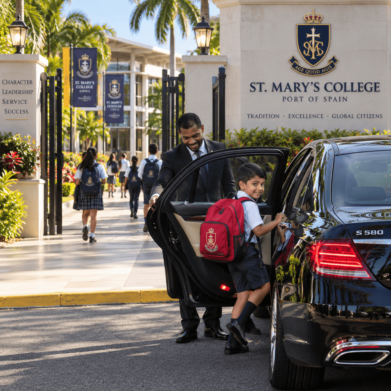 Homme en costume aidant un jeune écolier à descendre de voiture devant le St. Mary's College.