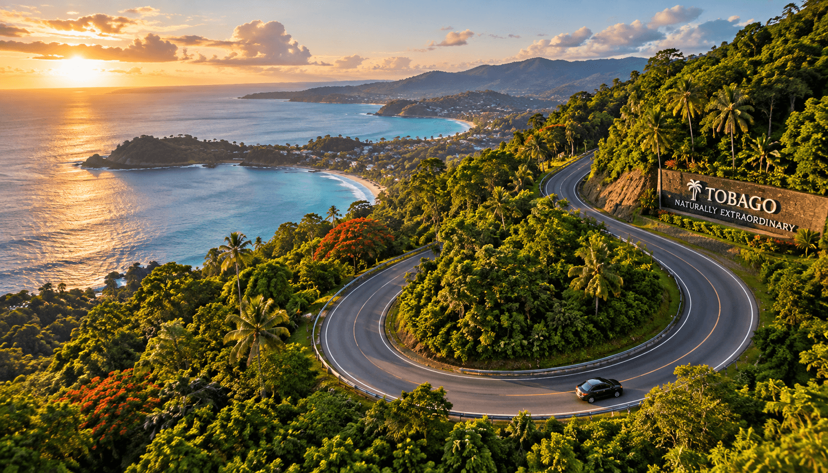 Route sinueuse à travers des collines tropicales luxuriantes surplombant la côte de Tobago lors d'un coucher de soleil éclatant.