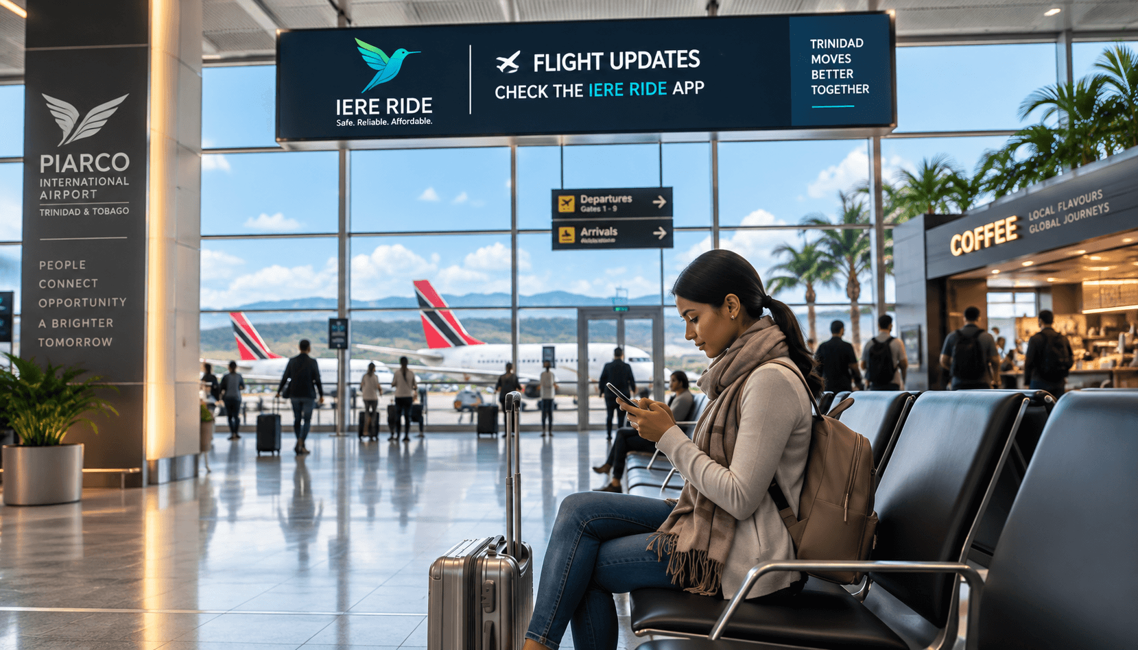 Una mujer espera en el Aeropuerto Internacional Piarco consultando su teléfono bajo una señal de IERE RIDE.