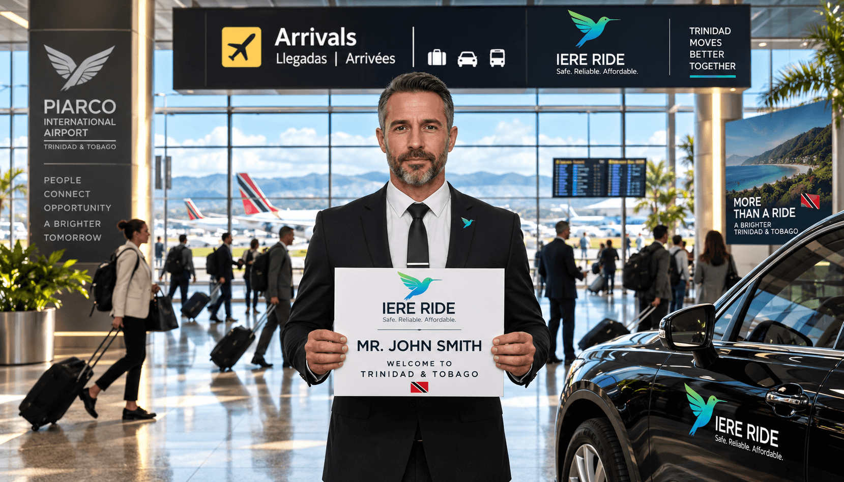 Socio conductor profesional sosteniendo un cartel de bienvenida de IERE RIDE en el Aeropuerto Internacional Piarco en Trinidad.