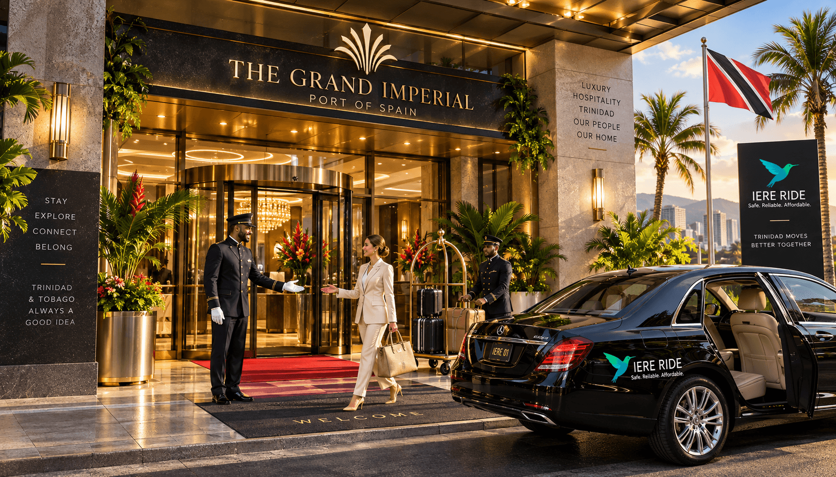 Mujer llegando a The Grand Imperial Port of Spain, recibida por un botones profesional.
