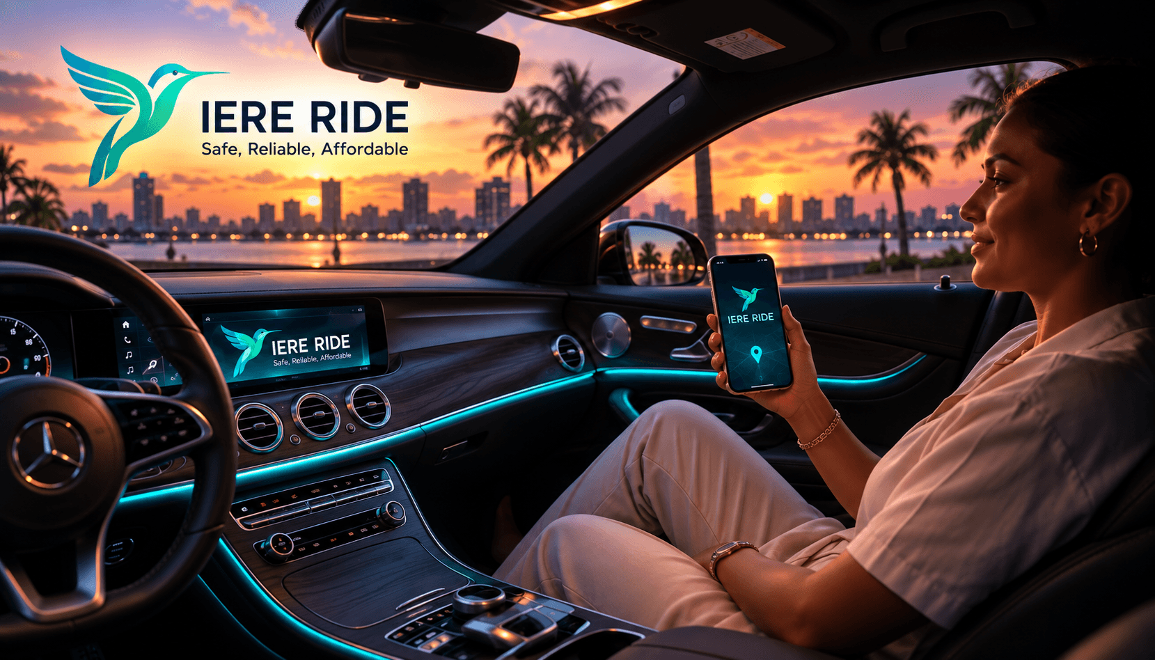Femme utilisant l'application IERE RIDE dans une voiture de luxe face à un coucher de soleil tropical.