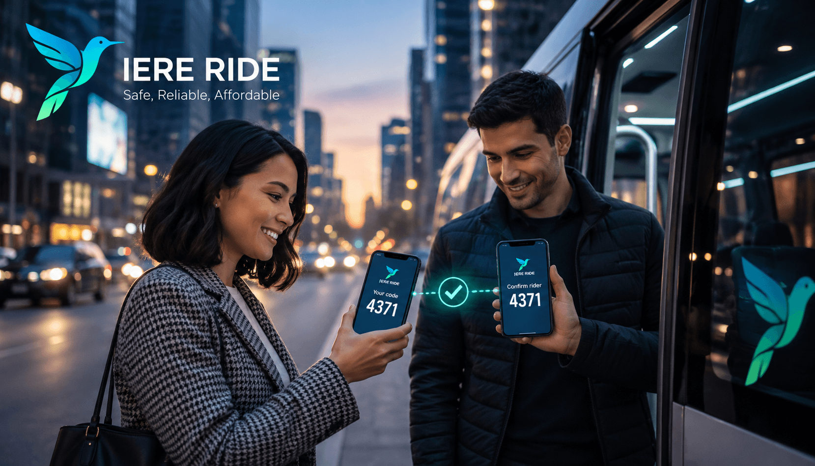 Une passagère et un chauffeur vérifient un code de covoiturage sur leurs smartphones.
