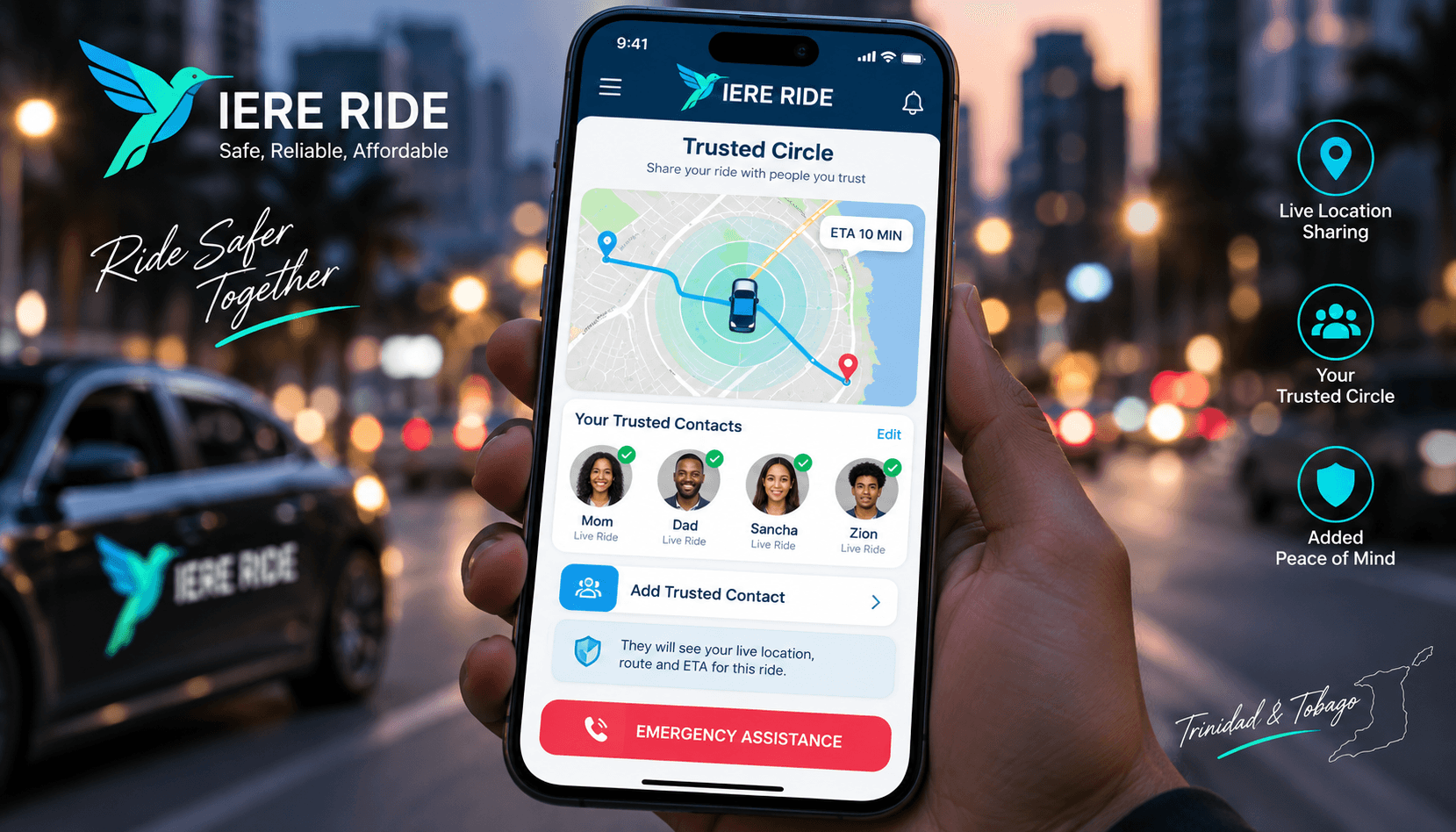 Smartphone affichant la fonction Cercle de Confiance avec suivi sur carte et bouton d'assistance.