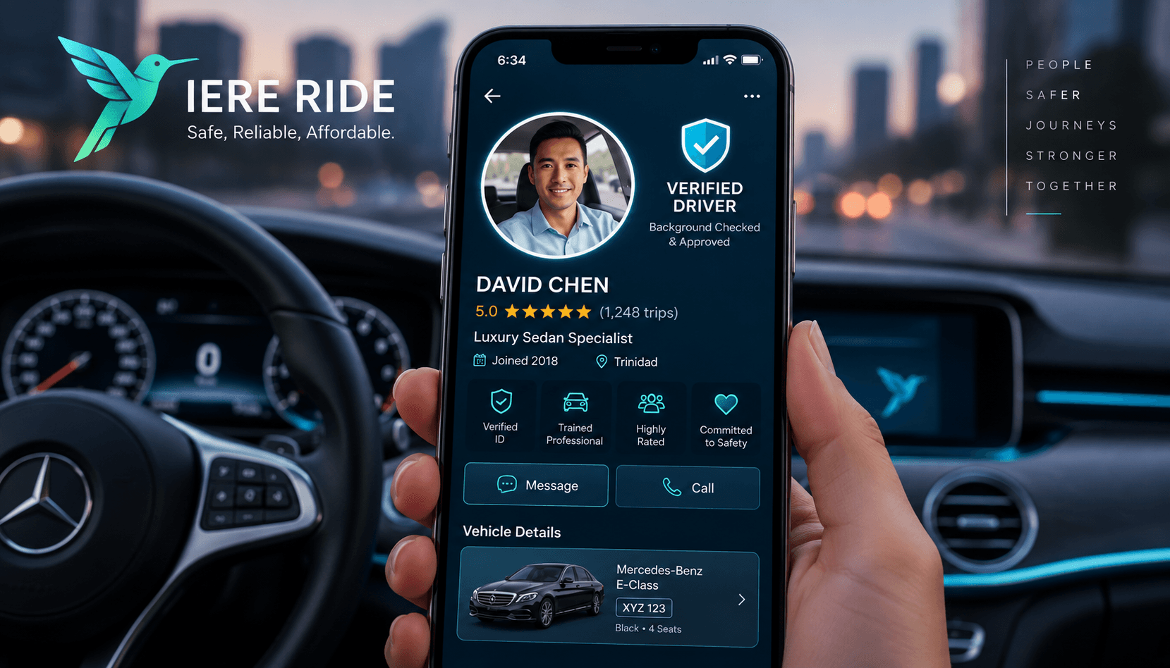 Smartphone affichant le profil d'un chauffeur vérifié IERE RIDE dans une voiture de luxe.