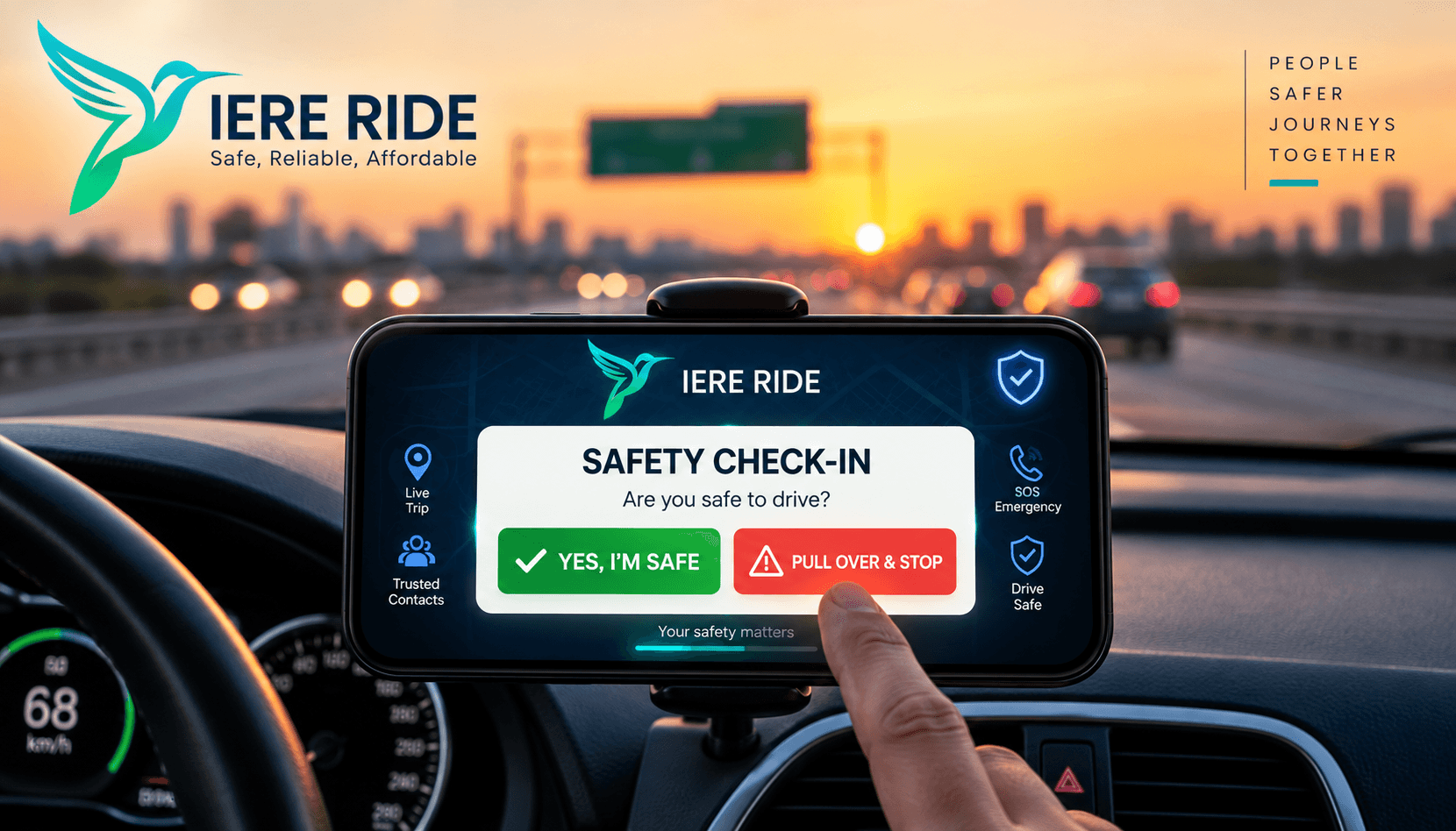 Doigt touchant une notification de contrôle de sécurité sur un smartphone fixé dans une voiture.