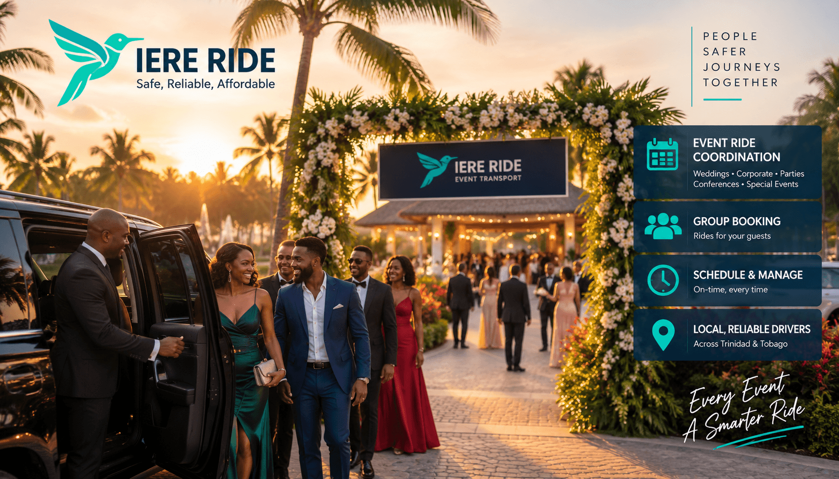 Invités élégants arrivant à un événement tropical via les services IERE RIDE.