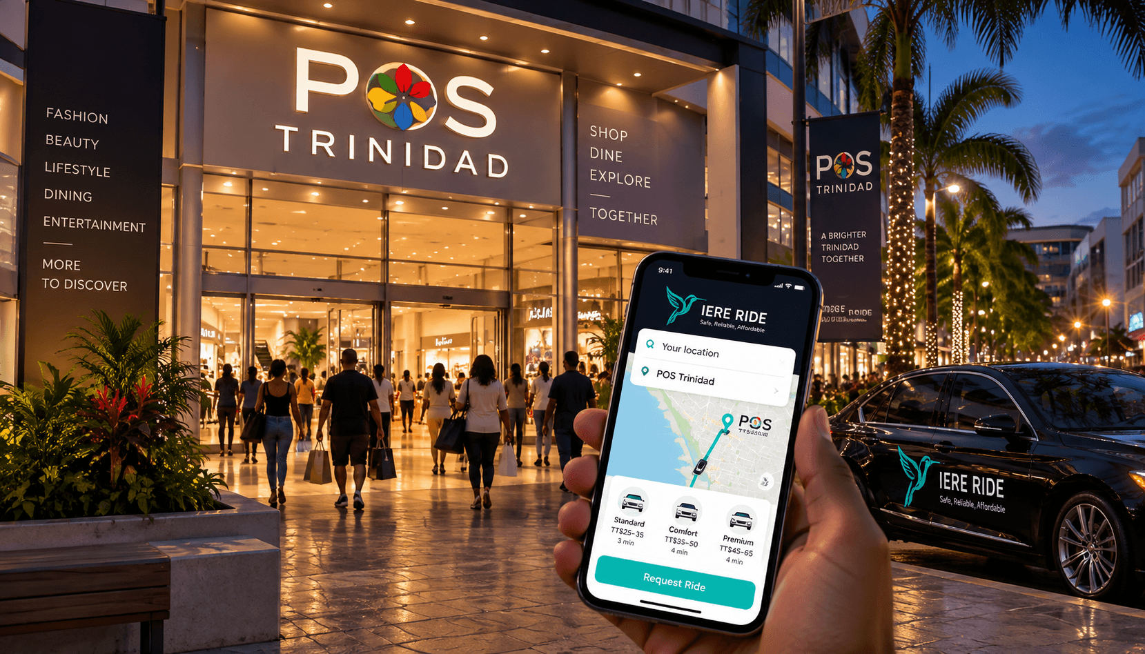 Mano sosteniendo la app IERE RIDE frente a un centro comercial en Puerto España y un vehículo rotulado.