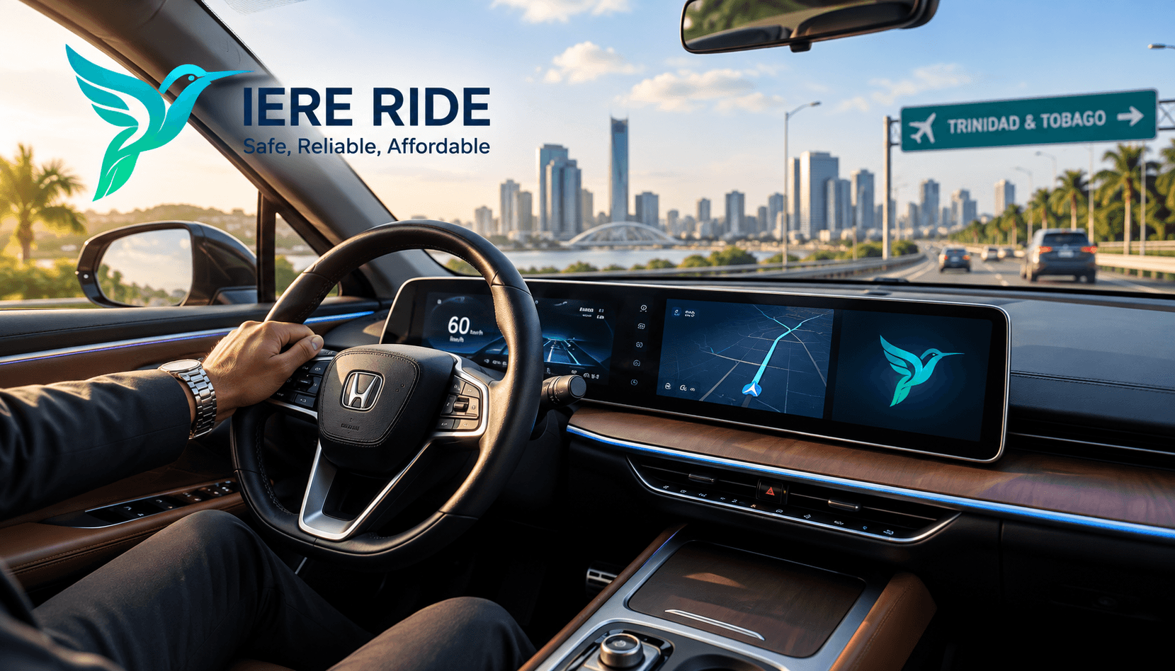 Interior de un auto Honda moderno con marca IERE RIDE conduciendo hacia el horizonte de la ciudad.