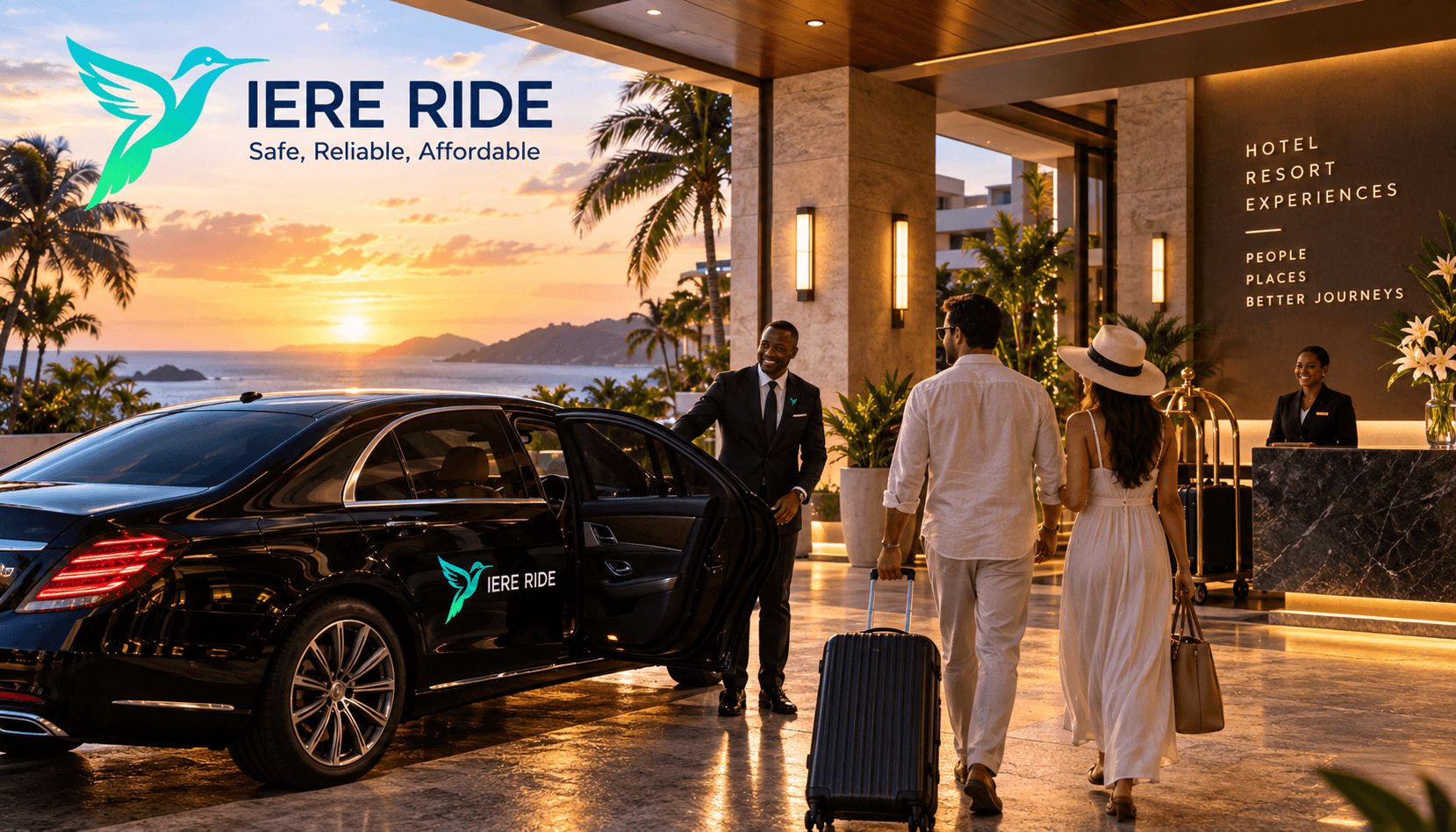 Chauffeur ouvrant la portière d'une voiture de luxe pour un couple dans un complexe hôtelier tropical au coucher du soleil.