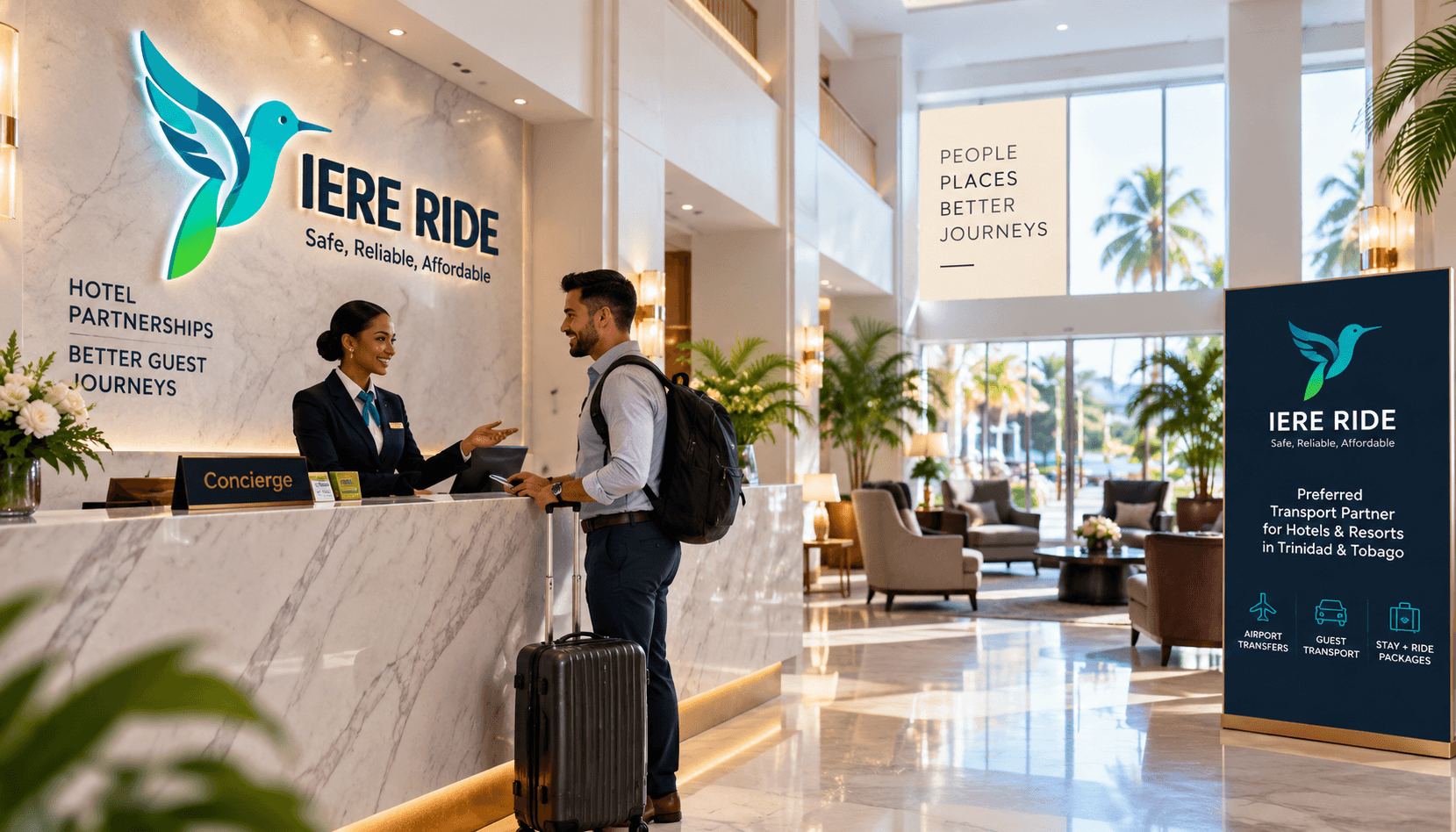 Voyageur avec bagages à la réception d'un hôtel présentant les services de transport IERE RIDE.