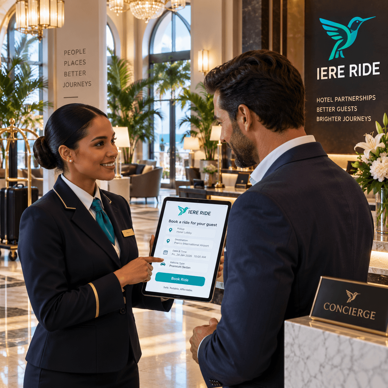 Un concierge montre l'application IERE RIDE à un client sur une tablette dans le hall d'un hôtel.