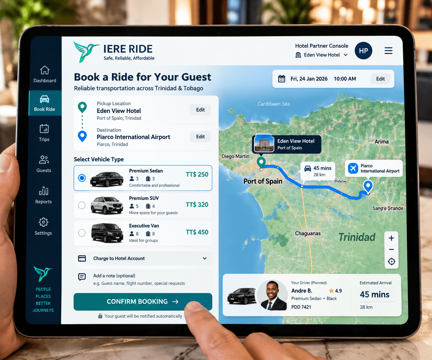Écran de tablette affichant l'interface de réservation de trajet pour un voyage client à Trinité-et-Tobago.