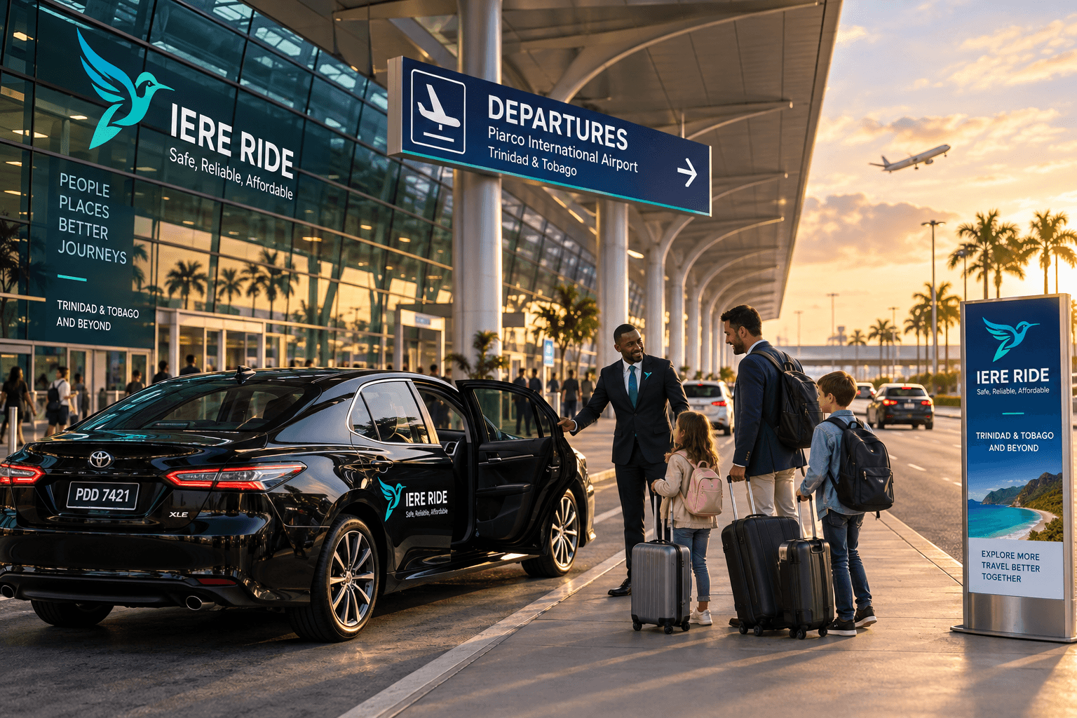 Chauffeur accueillant une famille à l'aéroport de Piarco pour un trajet IERE RIDE.