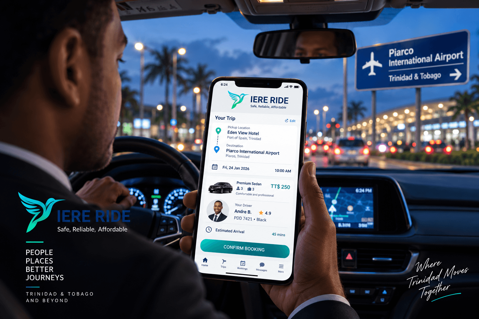 Personne utilisant l'application IERE RIDE pour réserver un trajet vers l'aéroport de Piarco.