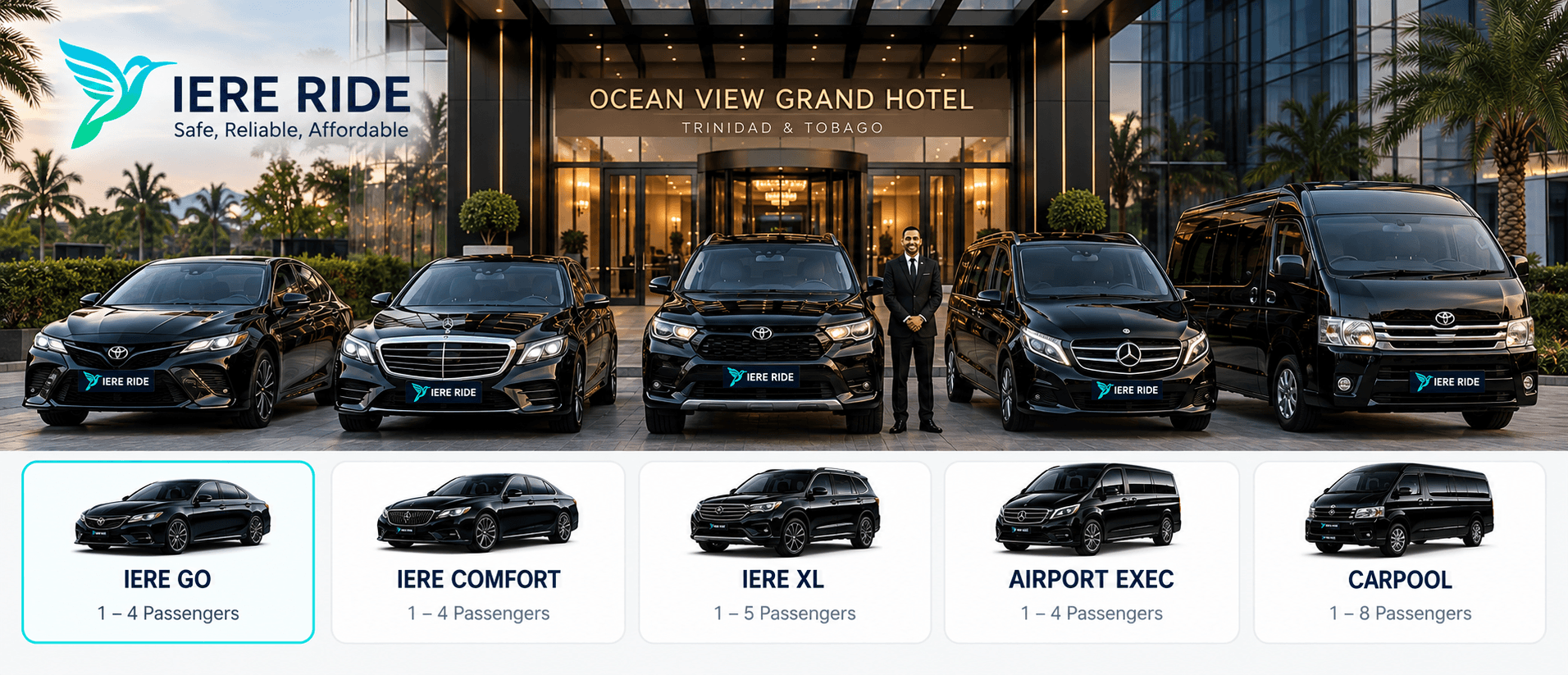 Véhicules de luxe noirs et chauffeurs stationnés devant l'Ocean View Grand Hotel pour IERE RIDE.