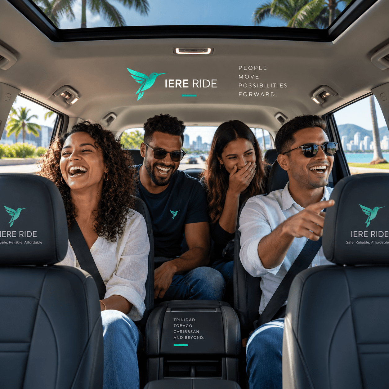 Quatre amis riant à l'intérieur d'un véhicule IERE RIDE.