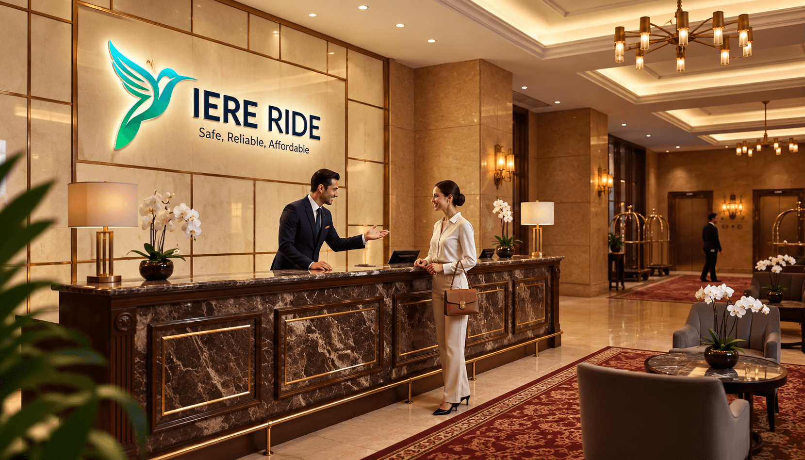 Réceptionniste accueillant un client à la réception d'un hôtel de luxe affichant le logo IERE RIDE.