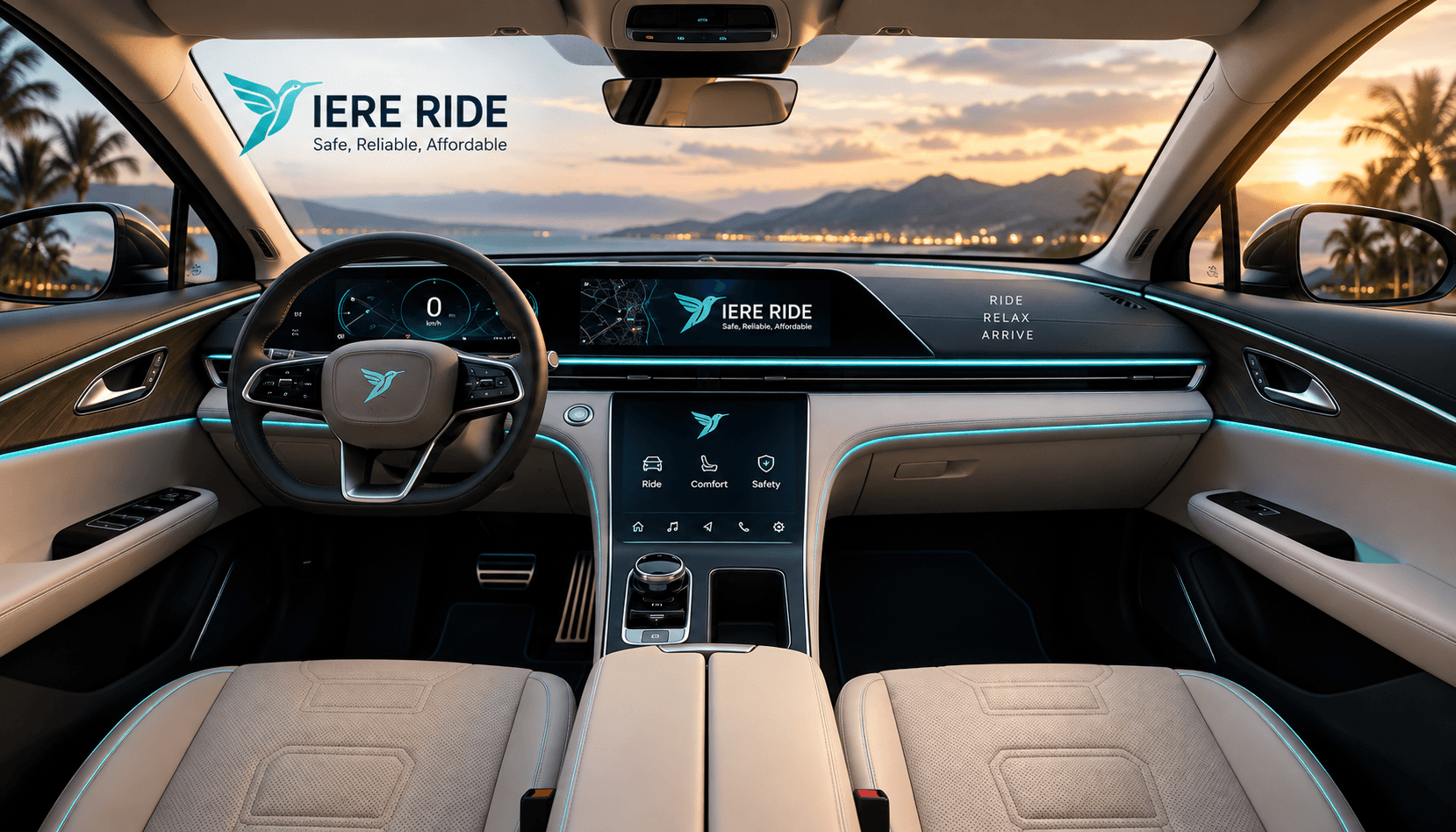 Interior de un vehículo moderno con la marca IERE RIDE y pantallas digitales frente a un atardecer costero.