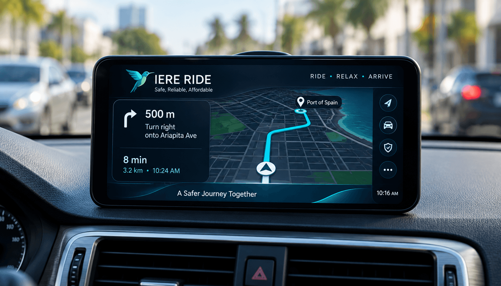 Pantalla del tablero de un auto mostrando un mapa de navegación GPS para IERE RIDE en Puerto España.