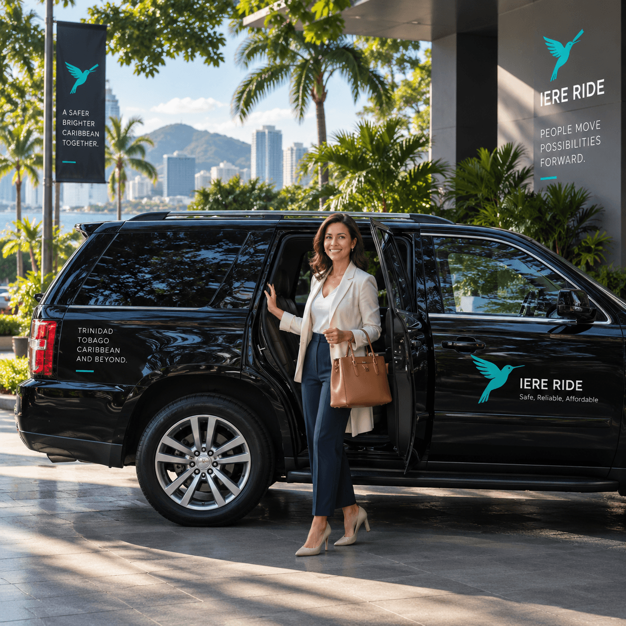 Femme souriante sortant d'un SUV IERE RIDE noir en ville.