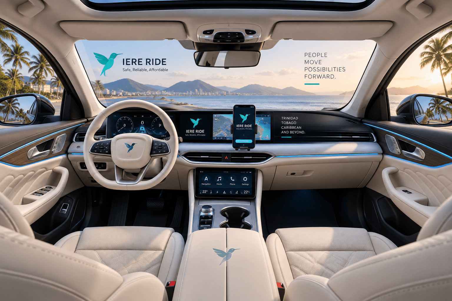 Intérieur luxueux d'une voiture beige siglée IERE RIDE au coucher du soleil.