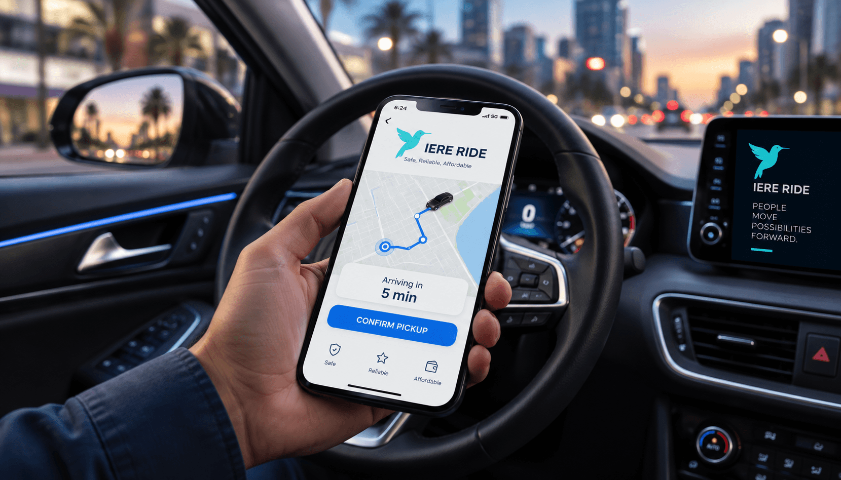 Main tenant un smartphone avec l'interface IERE RIDE à l'intérieur d'une voiture au crépuscule.