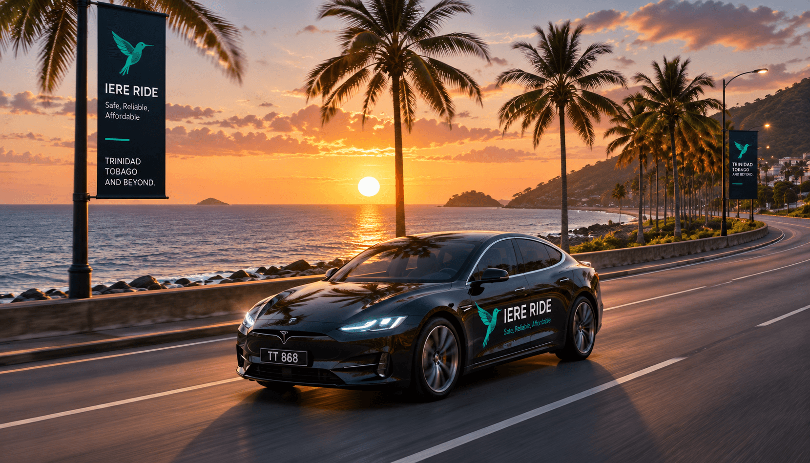 Tesla IERE RIDE noire circulant sur une route côtière tropicale au coucher du soleil.