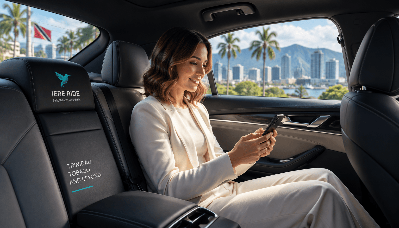 Femme en tailleur blanc utilisant son smartphone à l'arrière d'une voiture IERE RIDE.