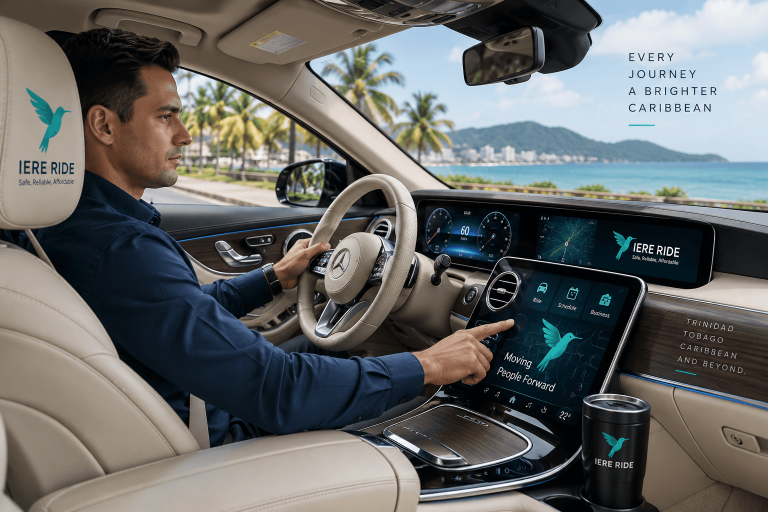 Homme conduisant une voiture de luxe sur la côte, utilisant l'écran tactile IERE RIDE.