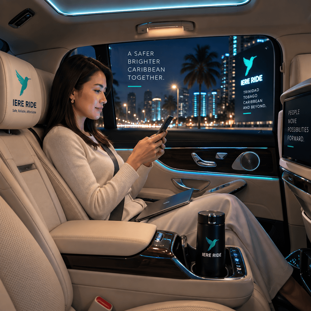 Femme utilisant son téléphone dans une voiture de luxe IERE RIDE.