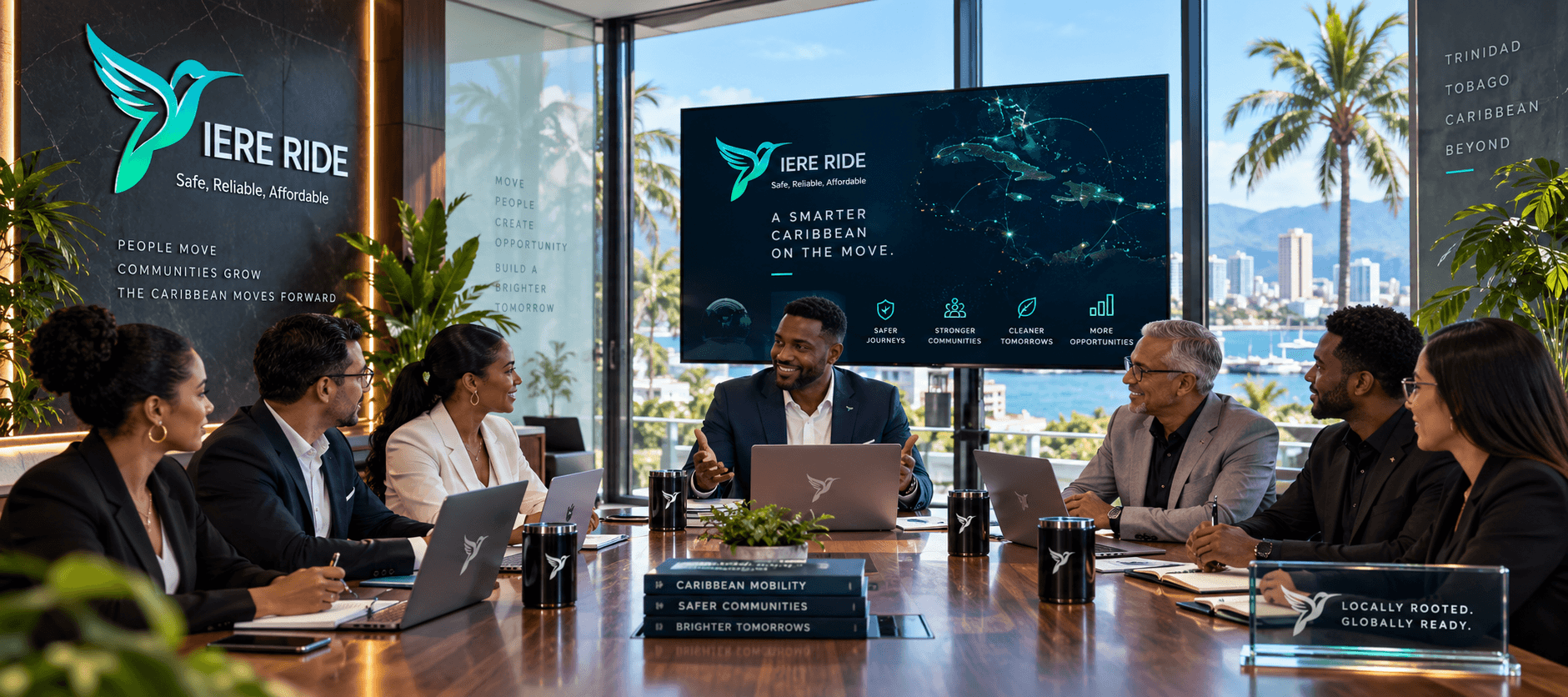 Diverse professionals in a modern boardroom meeting for IERE RIDE overlooking a Caribbean city.