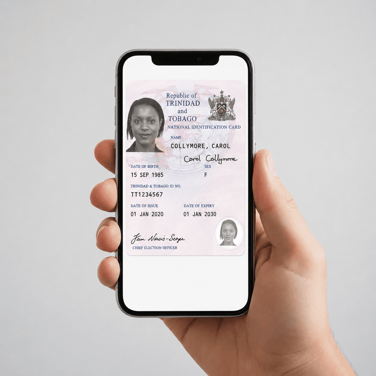 Hand holding a smartphone displaying a digital Trinidad and Tobago national identification card.
