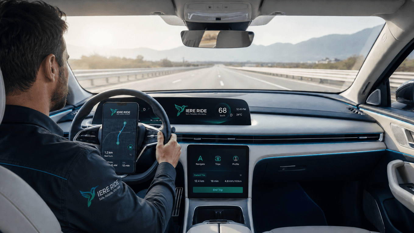 Driver in an IERE RIDE vehicle with digital dashboard screens on a scenic highway.