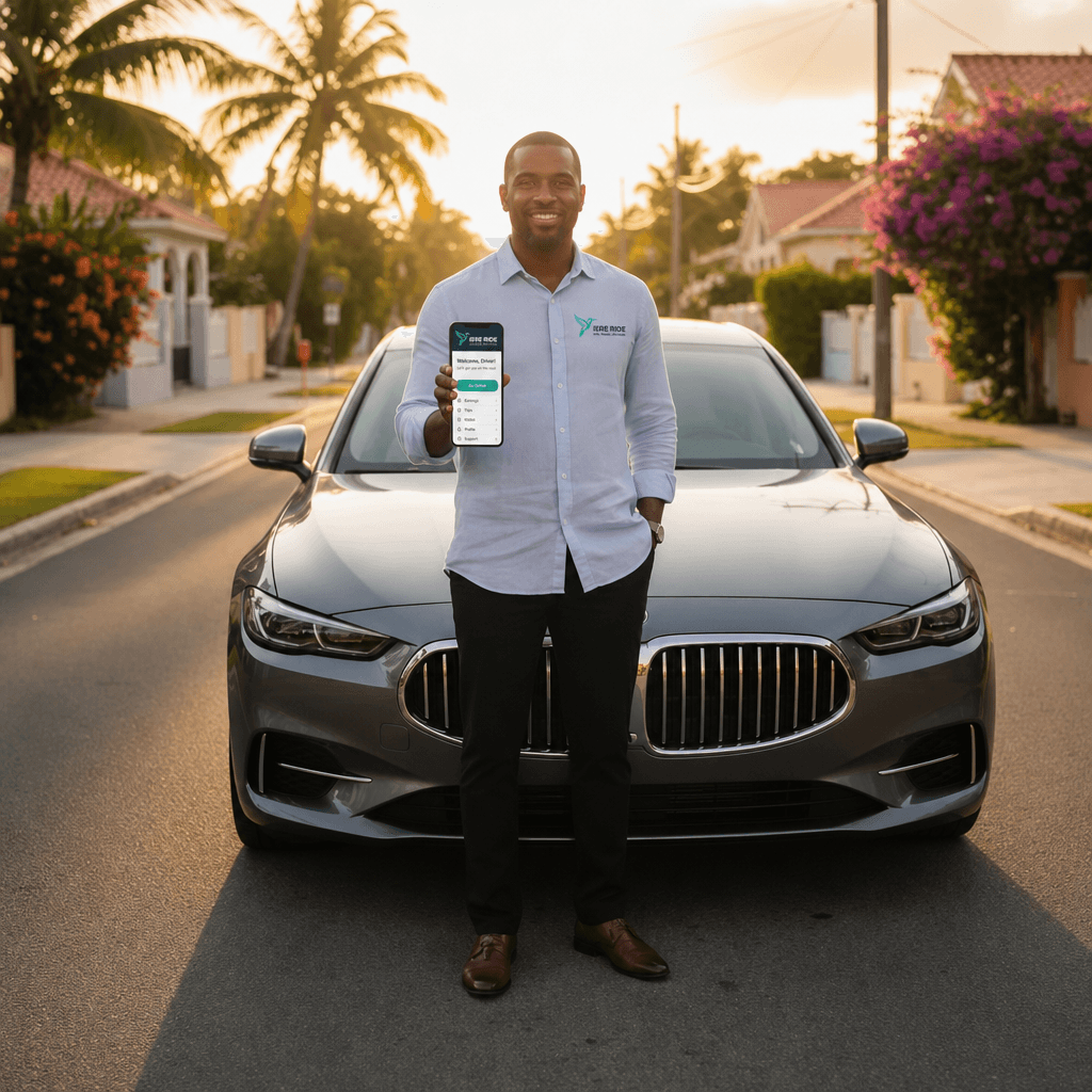 Smiling man holding a smartphone with a rideshare app in front of a silver car.